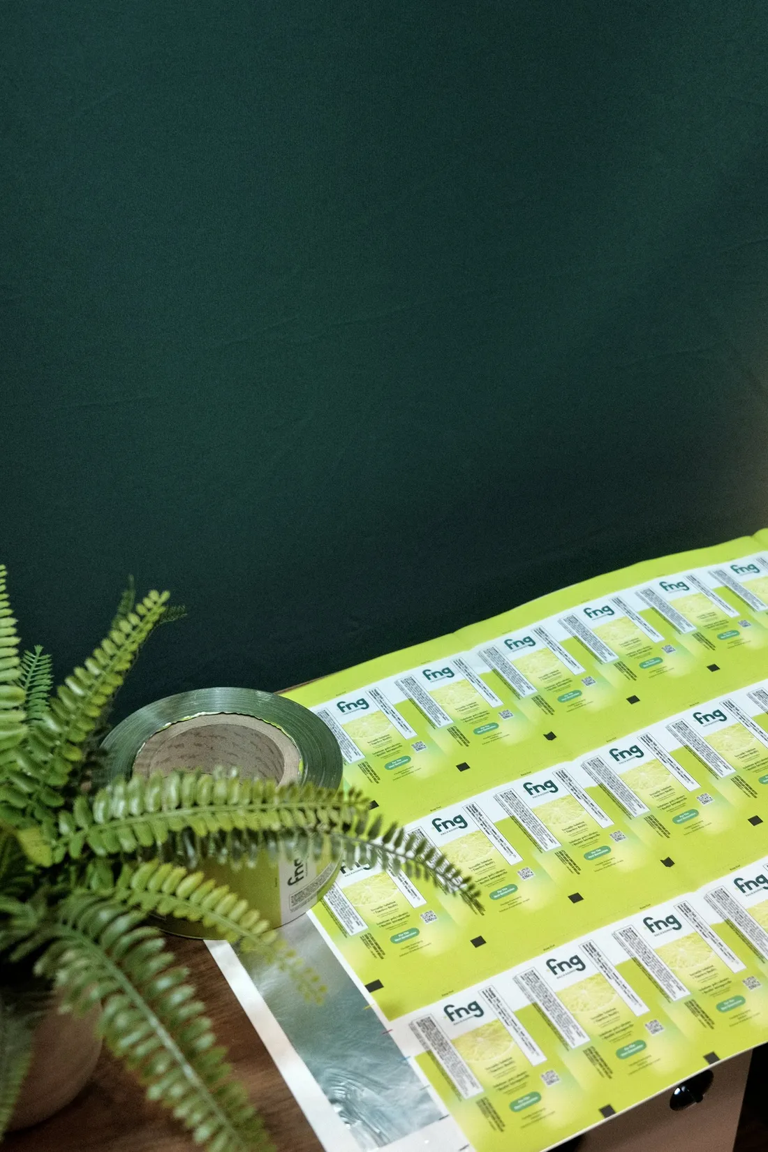 A roll of FNG-printed film unspooled on the booth counter