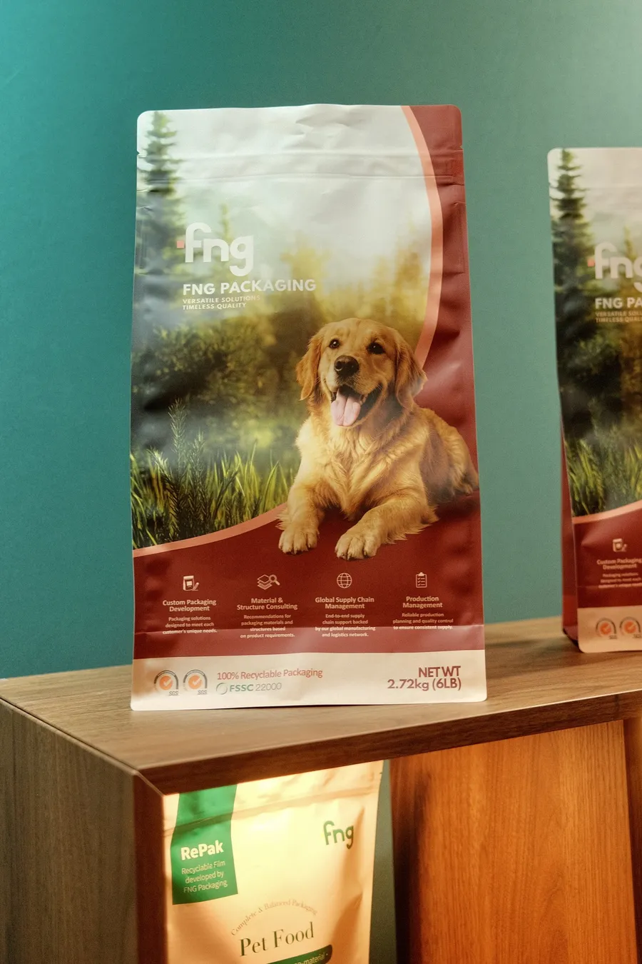An FNG pet-food pouch on the booth table at CHFA