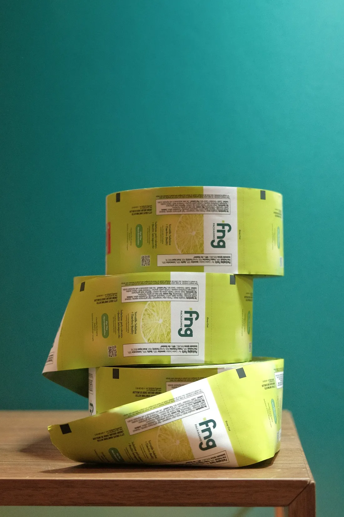 Stacked rolls of FNG-printed film